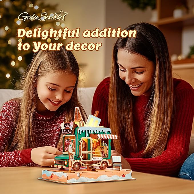3D Puzzle Ice Cream Truck Model - DIY Miniature Kit Dollhouse Food Truck Wooden Model with LED Lights - Creative Gift for Kids and Adults(Ice Cream Truck)