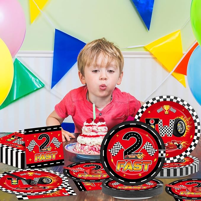96 Pcs Race Car 2nd Birthday Party Supplies Hot Car Checkered Tableware Set Two Fast Table Decoration Racing Themed Plates Napkins and Forks for 2nd Boys Kids Birthday Baby Shower Serve 24