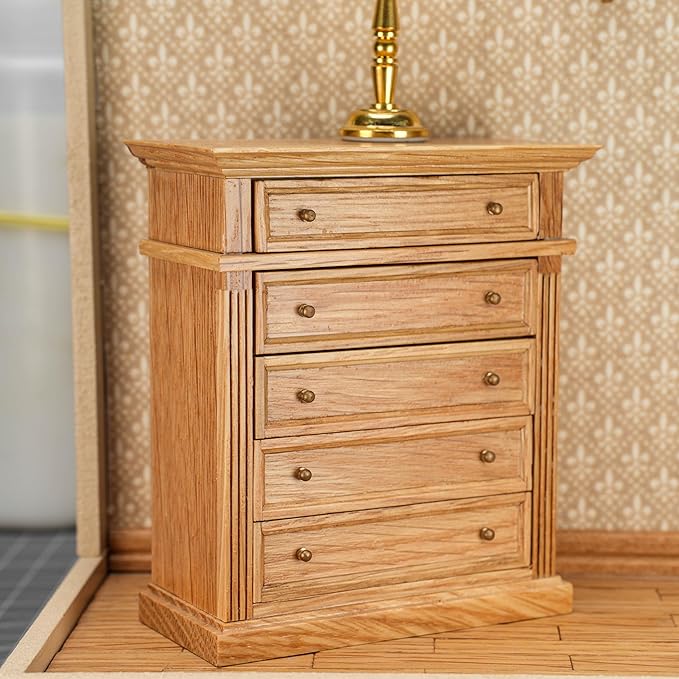 Waldosia 1:12 Scale Dollhouse Miniature Oak Dresser – 5-Drawer Wooden Chest for Bedroom, Roombox, Booknooks and Dioramas Furniture