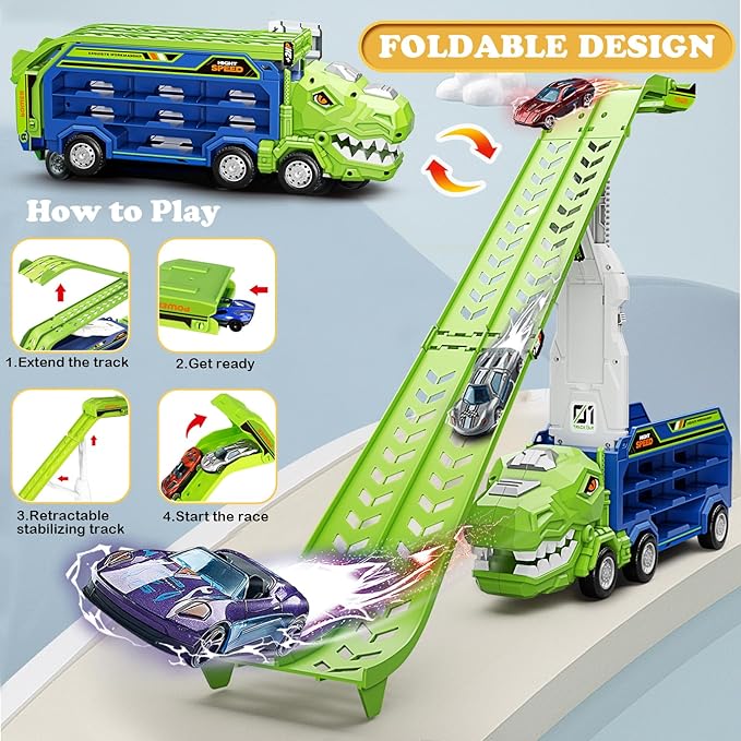Dinosaur Truck Car Toys for 3, 4, 5, 6, 7, 8 Years Old Kids, Carrier Truck Race Track Toys, Foldable Transport Car Toy with Foldable Race Tracks, 6 Metal Cars, Birthday Gifts for Toddler Boys Girls