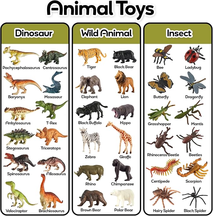 Insects and Bugs for Kids, Dinosaur Toys, Safari Jungle Animal Figures, 3 in 1, Gift for Boys Girls, 36 Pack
