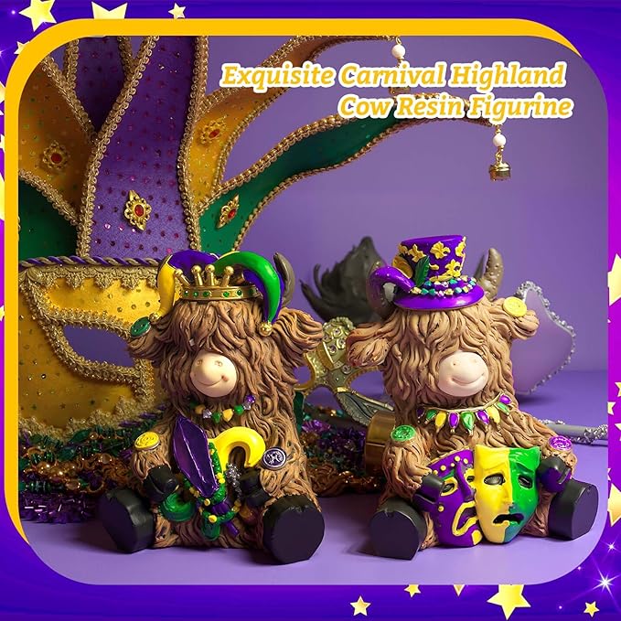 Burbell 2 Pack Mardi Gras Highland Cow Resin Figurine Mardi Gras Bathroom Highland Cow Gnomes with Mask Starfish Resin Statue for Garden Table Shelf Home Decor Calf Gnome Herd Gifts