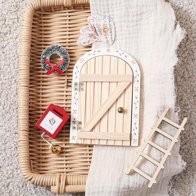 Mamimami Home Festival Wooden Little Magical Fairy Door, Elf Miniature Tiny Door with Ladder and Wreath, Tooth Fairy Door Handmade Christmas Decorations