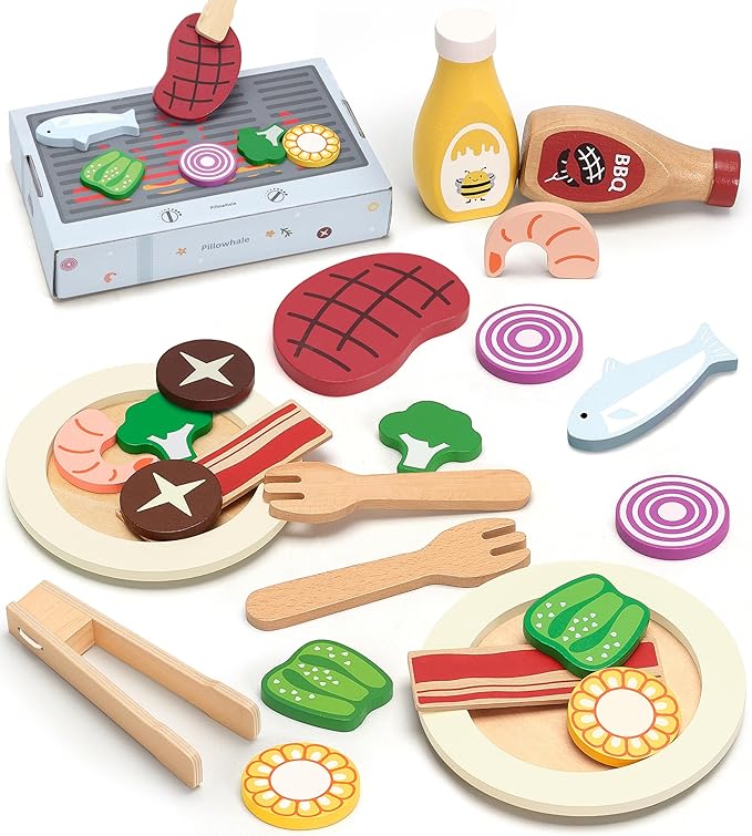 Pillowhale Wooden Play Food for Kids Kitchen - 24 Pcs Montessori Pretend Play Kitchen Accessories, Educational Learning Toys with Toy Fruits, Vegetables & Meat, Gift for Boys Girls Ages 3-6