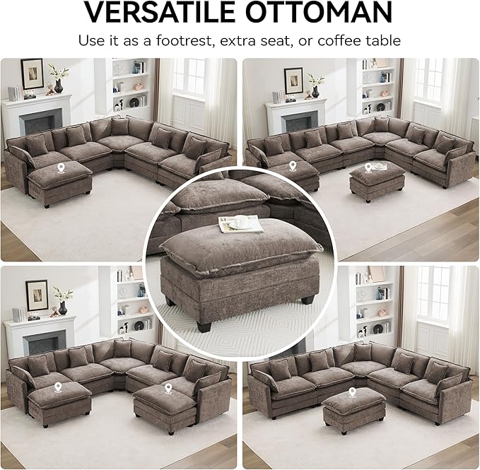 35‘’ Modern Chenille Cloud Sofa Ottoman,Rectangle Ottoman for Modular Sectional Sofa, Brown