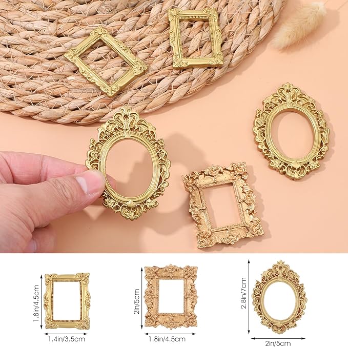 5 Pcs Miniature Picture Frames Vintage Dollhouse Photo Frames with Carved Golden Edges for Wall Hanging Desktop Display Jewelry Showcase Miniature Props for Dollhouse Model Train Garden