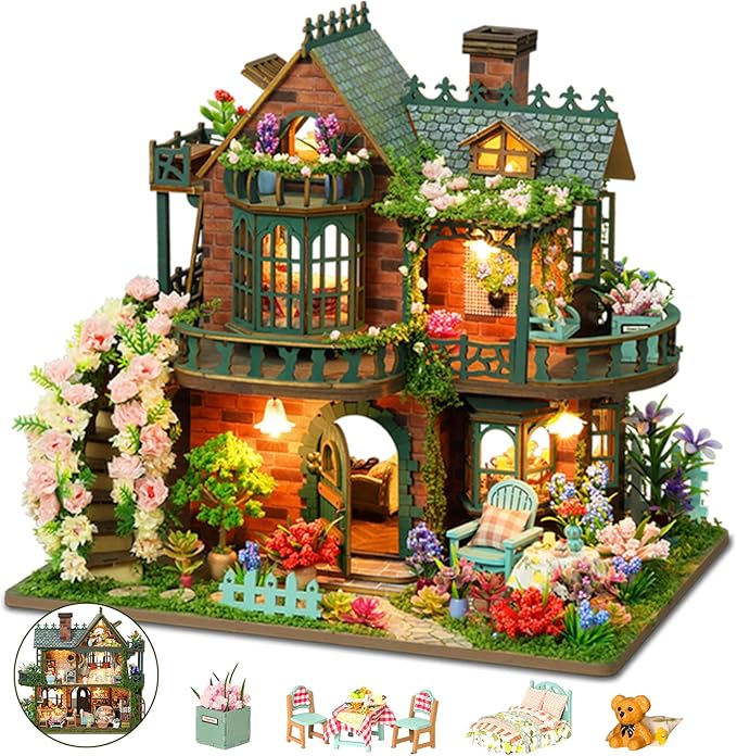 LogicTwist DIY Miniature House Kit with LED Lights, Fairy Garden Wooden Mini House Building Kit for Adults & Teens, Creative Crafts for Women, Friends & Hobbyists
