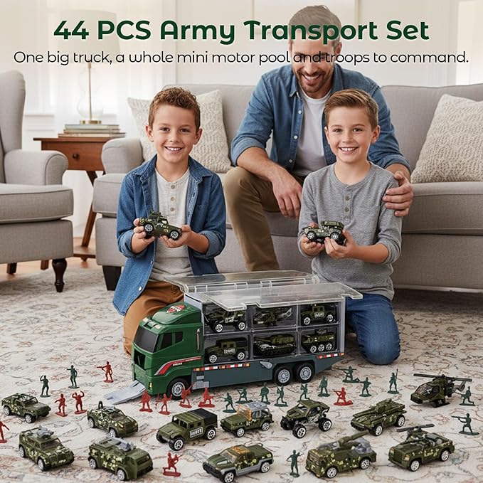 LovesTown 44PCS Large Military Truck Set, 13PCS Mini Die-cast Military Toy Cars in Carrier Truck with 30PCS Army Men Toy Soldiers for Kids Boys Birthday Party Favors