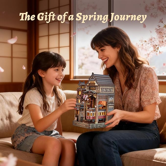 Sakura Train Book Nook Kit – LED 3D Wood Puzzle with Infinity Mirror – DIY Bookshelf Decor, Miniature Craft Gift for Kids and Adults