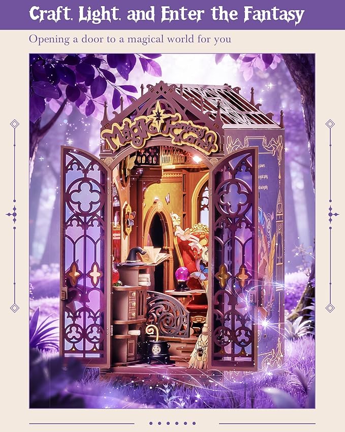ROBOTIME Book Nook Kit, DIY Miniature House Kit, 3D Wooden Puzzle Bookends, Witch Study Room Bookshelf Decor, Creative Unique Gifts for Adults (Magic Fantasy Corner)