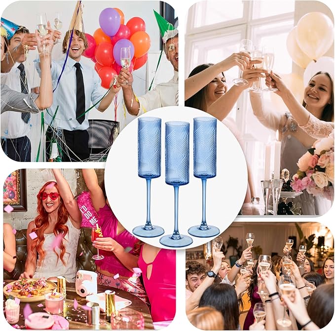 6 Pieces Blue Champagne Flutes,6 OZ Twill Pattern Striped Vintage Stem Glasses Stemware Wine Glasses Champagne Long Stem Drinking Colored Glasses Goblets for Wedding Cocktail Cups,Cava, Prosecco