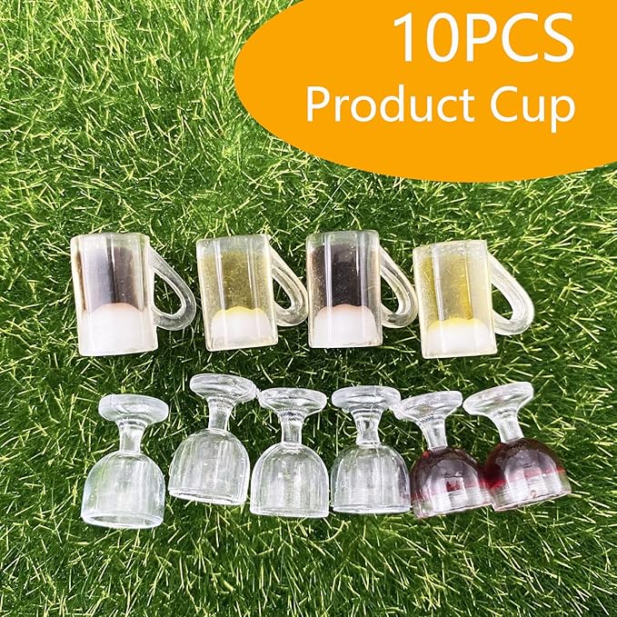 Cayway Miniature Drink Set - 8 PCS Accessories, 1 PCS Wooden Beer Barrel, White & Beer Glasses for Fairy Garden Pub Bar Decoration
