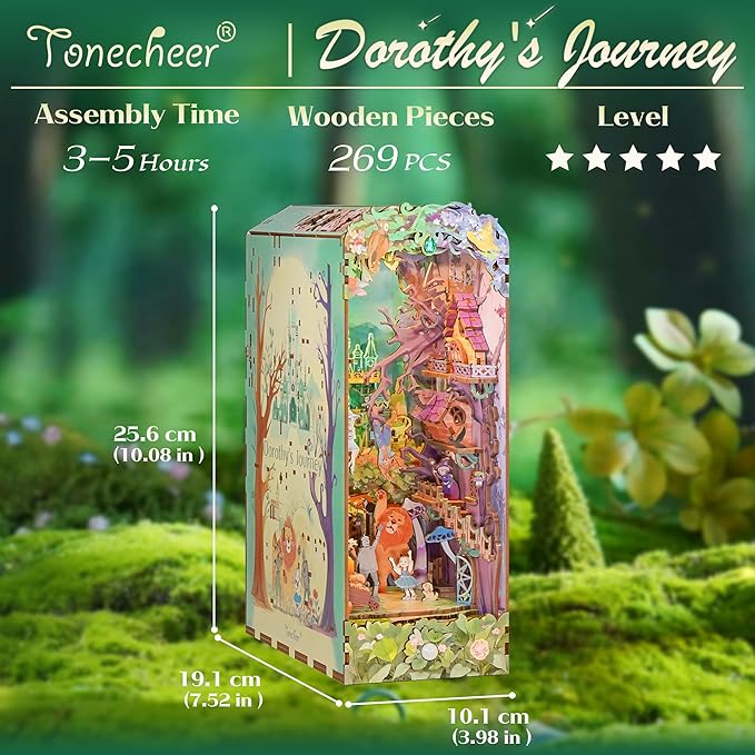 Tonecheer DIY Book Nook Kit, Dorothy's Journey 3D Puzzle Wooden Fairy Tales Miniature House Kit for Adults, Booknook Set Dollhouse Bookshelf Decor Bookend with Dust Cover and LEDs Ideal Gifts
