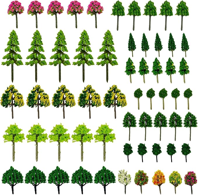 Cayway 60 PCS Miniature Trees Mixed Model Trees Mixed Colors Accessories Model Train Scenery Architecture Trees Fake Trees for Building Model, Model Scenery with No Bases