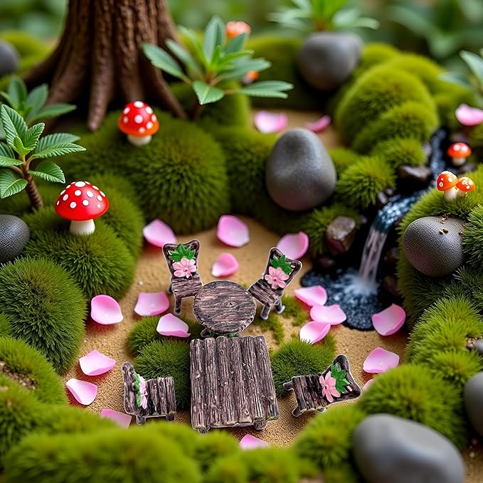 6 PCS Miniature Table and Chairs Set, Fairy Garden Furniture Ornaments Kit for Dollhouse Accessories Home Micro Landscape Decoration Garden Miniatures