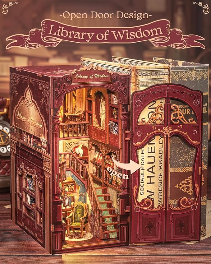 Cutefun Book Nook Kit - DIY Miniature Dollhouse Kit 3D Wooden Puzzle for Adults, Teens, Crafts Gifts for Bookshelf Decor (Library of Wisdom)