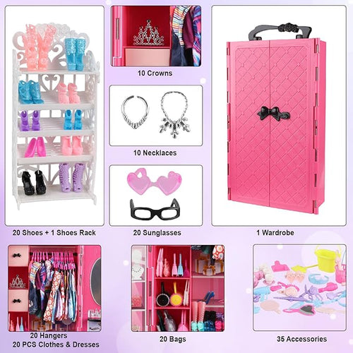 180 Piece Doll Wardrobe&Toy Folding Wardrobe - Includes Folding Wardrobe+Swing Slide+Tent+Stargazing Set with Rich Accessories Stimulate Children's Imagination and Creativity