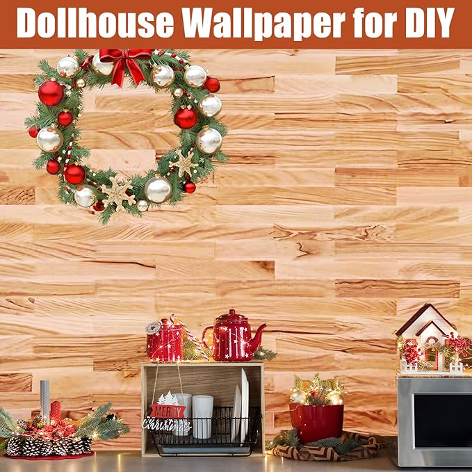 12 Pcs Dollhouse Wallpaper Miniature Dollhouse Accessories Peel and Stick Self Adhesive Mini Wallpaper Flooring for DIY Doll House Mini Room Decoration Craft Projects 8.3" x 11.7" (Natural Style)