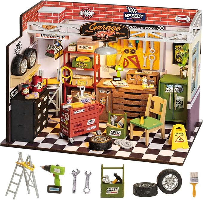 Rolife DIY Miniature House Kit Garage Workshop, Build 1/20 Mini House Building Kit with LED Craft Kits for Aduls Gifts for Him Her