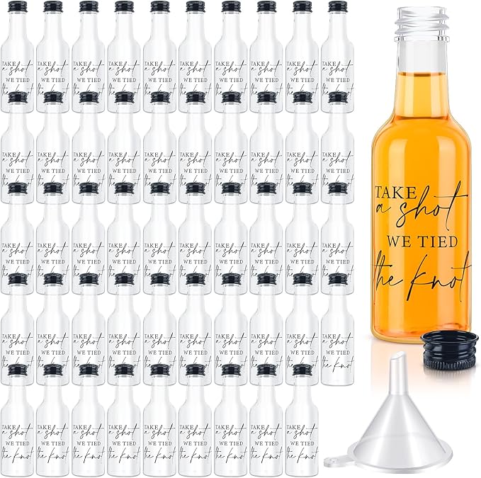 Bokon 50 Pcs Mini Wedding Liquor Bottles Take a Shot We Tied The Knot Shot Glasses for Guests 1.7 Fl Oz/ 50 ml Plastic Reusable Empty Bottle with Cap Funnel Acrylic Mini Glasses for Bridal (Black)