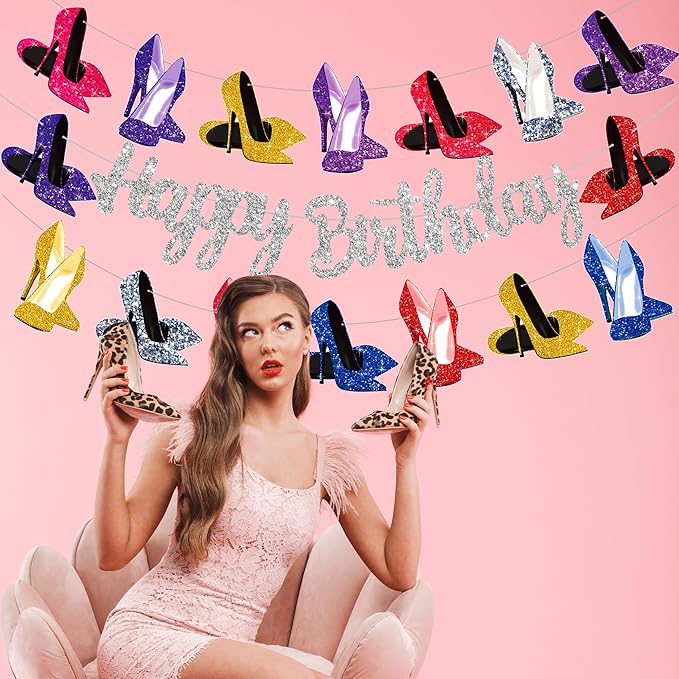 High Heel Shoes Banners Bridal Shower Engagement Party Decor Heel Birthday Party Decorations Silver Glitter High Heels Happy Birthday Banners for Girls Ladies Bridal Shower Supplies