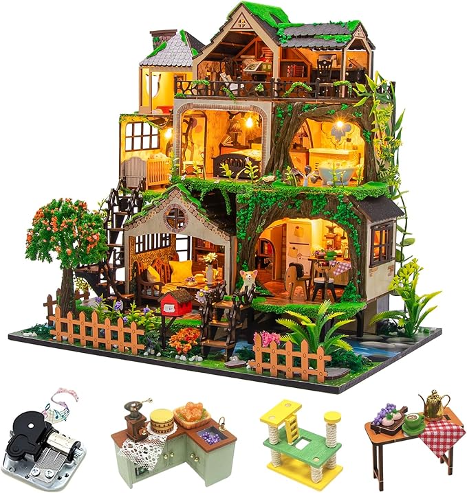 CUTEROOM Miniature House Kits for Adults, Mini Dollhouse Wooden Furniture Kit, DIY Craft Kits Creative Room Tiny House for Decoration-Fairytail Forest