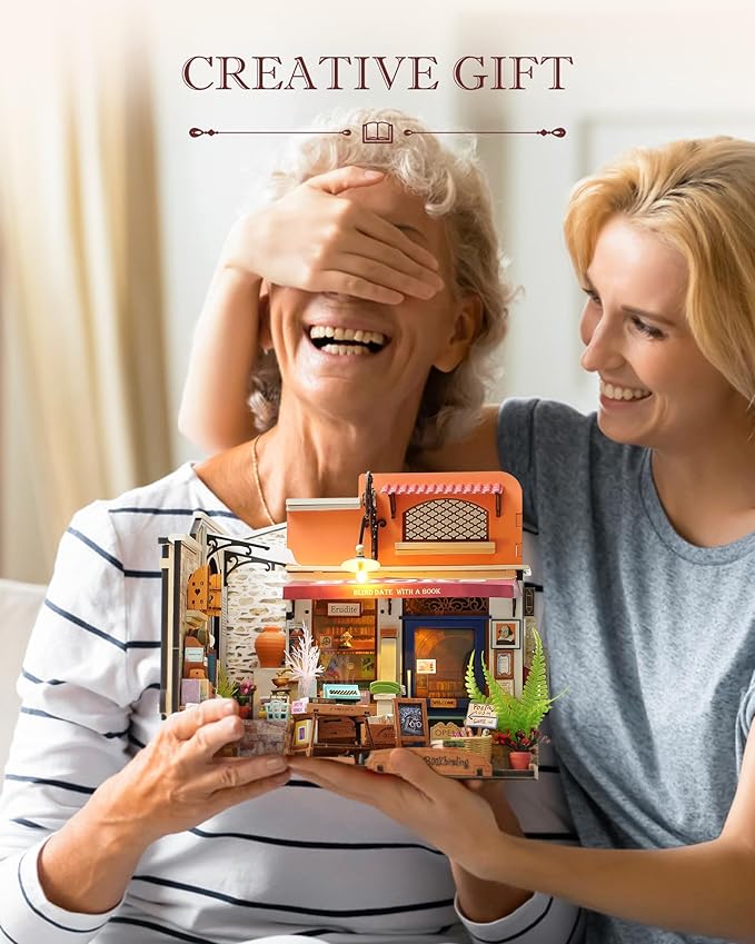 Rolife DIY Miniature House Kit 1:20 Scale Bookstore, Build Mini House Building Kit with LED Lights Craft Kits for Aduls Gifts for Him Her