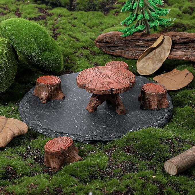 5Pcs Fairy Garden Accessories Miniature Table and Chairs Set Micro Landscape Decoration Mini Resin Village Furniture Ornaments Kit for DIY Craft Gift Dollhouse Succulents Home Outdoor Decoration