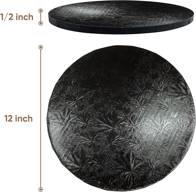 Cakebon Round Cake Boards - Sturdy 1/2 Thick Drums - 12 Inch Professional Fully Wrapped Edges Black 3-Pack
