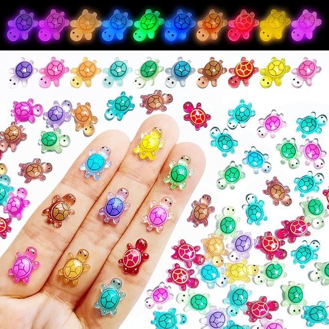 100 Pcs Tiny Mini Luminous Resin Turtles Figures Sea Crafts Glow in The Dark Bulk Plastic Ocean Animals Figurines to Hide 10 Colors Dollhouse Garden Aquarium Micro Landscape Decor