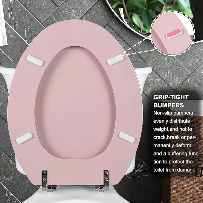 Pink Elongated Toilet Seat Natural Wood Toilet Seat with Zinc Alloy Hinges, Easy to Install also Easy to Clean, Scratch Resistant Toilet Seat by Angol Shiold (Elongated, Pink)