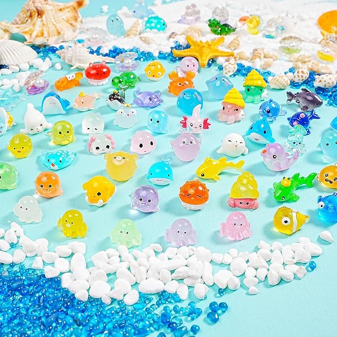 100pcs Ocean Mini Resin Animals - 78 Styles Tiny Sea Figurines Shell Miniature Plastic Fish for Garden Micro Landscape DIY Fish Tank Potted (Small Ocean)