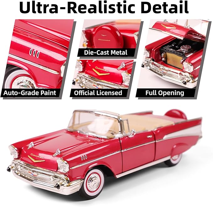 1957 Chevrolet Bel Air Convertible 1:18 Diecast Model Car Working Doors, Premium Alloy Classic Collection Car Collector's for Kids Men and Teens Dad 14+ Year