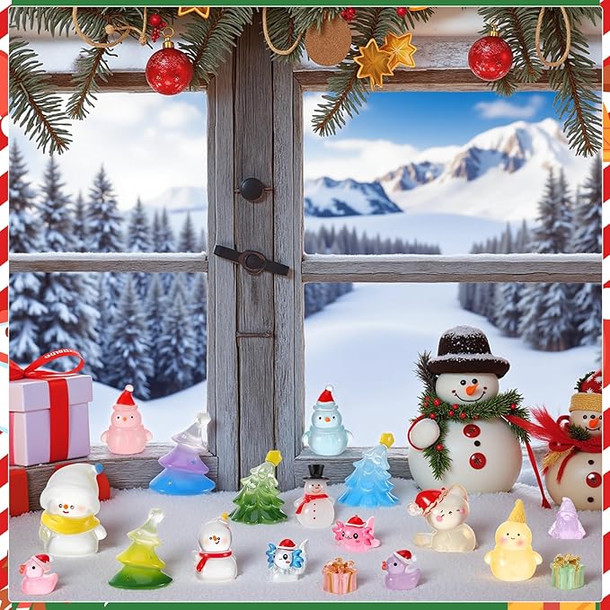 48PCS Mini Christmas Luminous Figurines Christmas Resin Miniatures Glow in The Dark Tiny Figures to Hide Small Snowman Figures for Xmas Goodie Bag Mini Presents for Crafts