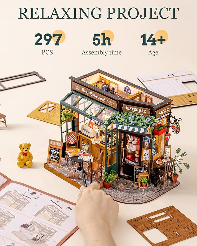 Rolife DIY Miniature House Kit 1:18 Coffe&Bar Dollhouse Diorama Model, Build Mini House Building Kit with LED Light Hobby Crafts for Adults Gift for Him Her (Tipsy Restaurant)