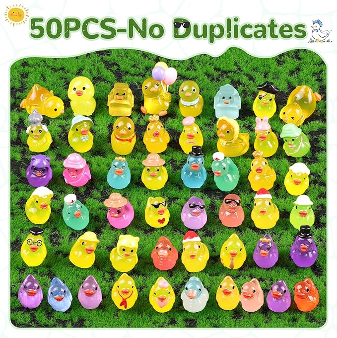 50PCS Mini Resin Animals Assorted Styles Tiny Ducks Glow in Dark,Miniature Duck Figures to Hide,Little Animal Bulk for Topper Desk Garden Landscape Aquarium DIY Crafts & Decor