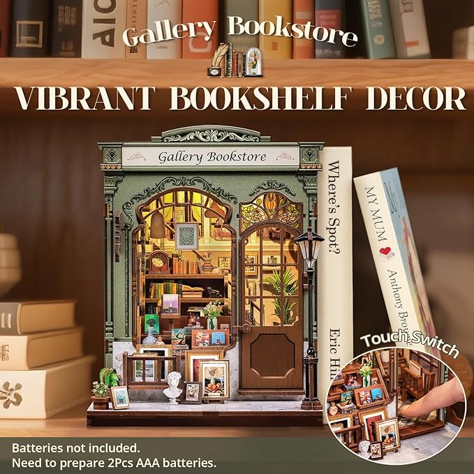 Cutefun Book Nook Kit - DIY Miniature Dollhouse Kit for Adults and Teens, 3D Wooden Puzzle Library Mini House Building Kit with LED Bookshelf Insert Decor Creative Gifts (Gallery Bookstore)