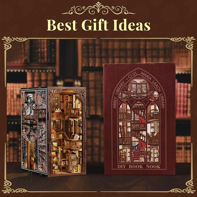 Book Nook Kit, DIY Miniature Dollhouse Booknook Kit, 3D Wooden Puzzle Bookend Bookshelf Insert Decor with LED Light for Teens and Adults (Abbey Library)