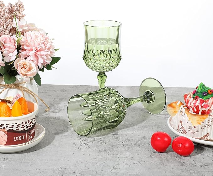 Limbeuuu 12 Pcs 7oz Plastic Vintage Wine Glasses Drinking Glasses Unbreakable Wedding Glassware Crystal Water Goblets Reusable Drinkware Vintage Champagne Flutes (Dark Green)