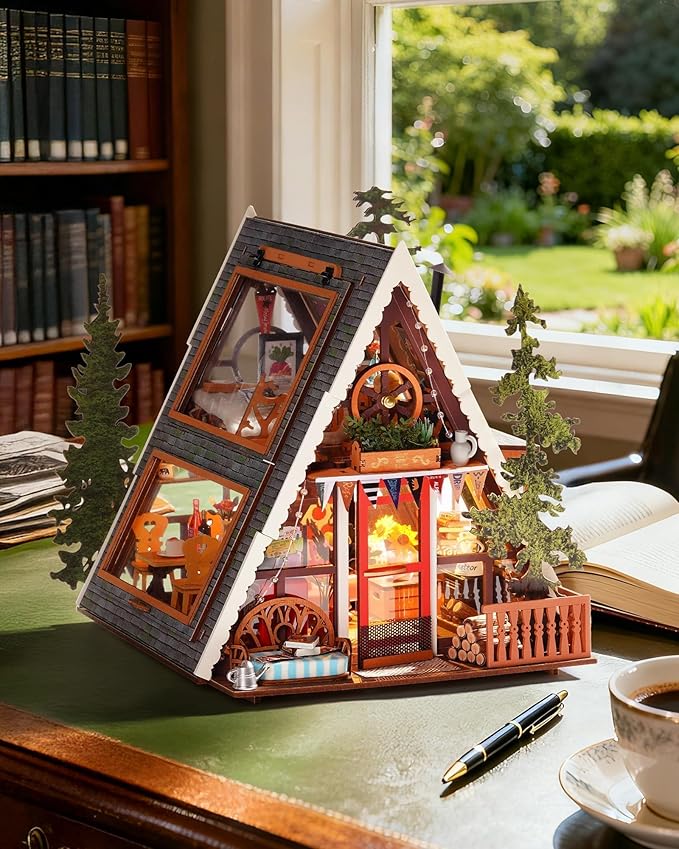 Rolife DIY Miniature House Kit A-Frame Cabin, 3D Wooden Puzzle Tiny House with Openable Skylight for Teens & Adults, Cozy Forest Cabin Décor, Creative Gift for Birthday & Holidays