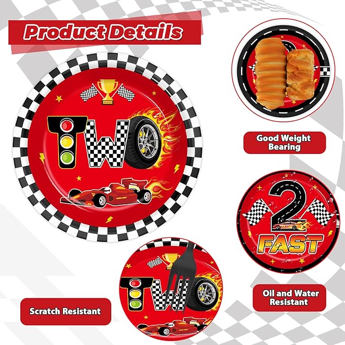 96 Pcs Race Car 2nd Birthday Party Supplies Hot Car Checkered Tableware Set Two Fast Table Decoration Racing Themed Plates Napkins and Forks for 2nd Boys Kids Birthday Baby Shower Serve 24