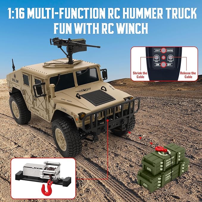 Remote Control Truck-4x4 Off-Road RC Trucks Army Rock Crawler Humme, RTR 40Mins Play Time All Terrain RC Off Road Jeep Cars with Winch,Lights&Openning Door, Military Armored Vehicle Toys Gift for Boys