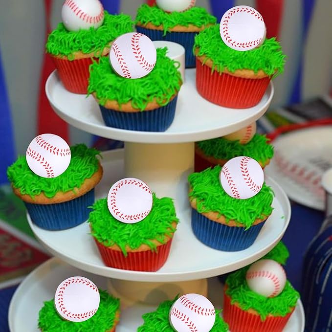 Rsstarxi 12 Pack 3D Baseball Cupcake Toppers for Sports, Baby Shower & Kids Birthday Parties