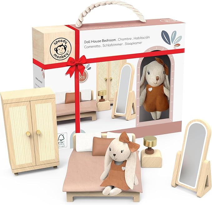 SPEEDY MONKEY Doll House Bedroom Playset – Wooden Playhouse with Bunny Character & Furnitures Set for Kids, Pretend Play Dollhouse and Imaginative Room Décor Storytelling for Toddlers & Preschoolers