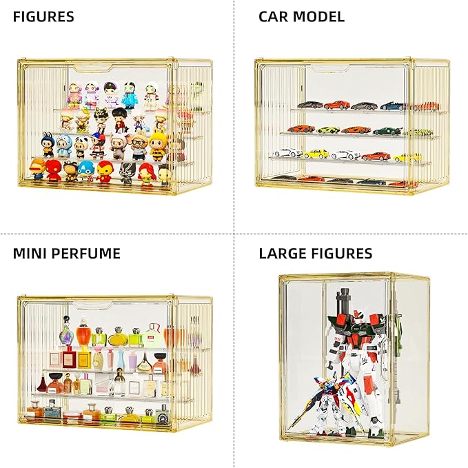 Clear Yellow Acrylic Figure Display Case for Collectibles 4 Layer Hobby Figurine Display Shelf Cases Stackable Display Boxes with Shelves for Pop Mart, Action Figures, Model, 2 Pack