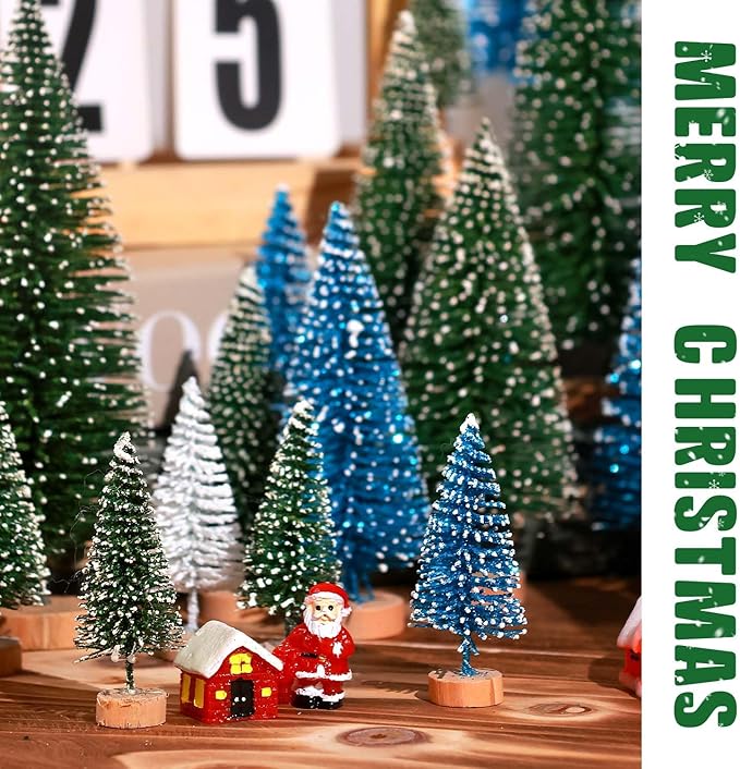 30Pcs Mini Christmas Trees Artificial Christmas Tree Bottle Brush Trees with Wooden Base for Christmas Decor Christmas Party Home Table Craft Decorations(Green+Blue+White)
