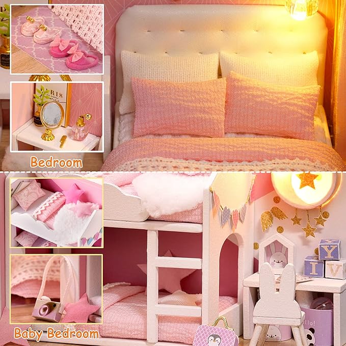 TuKIIE DIY Miniature Dollhouse Kit with Furniture, 1:24 Scale Creative Room Mini Wooden Christmas Doll House Accessories Plus Dust Proof & Music Movement for Kids Teens Adults(Dream Angels)