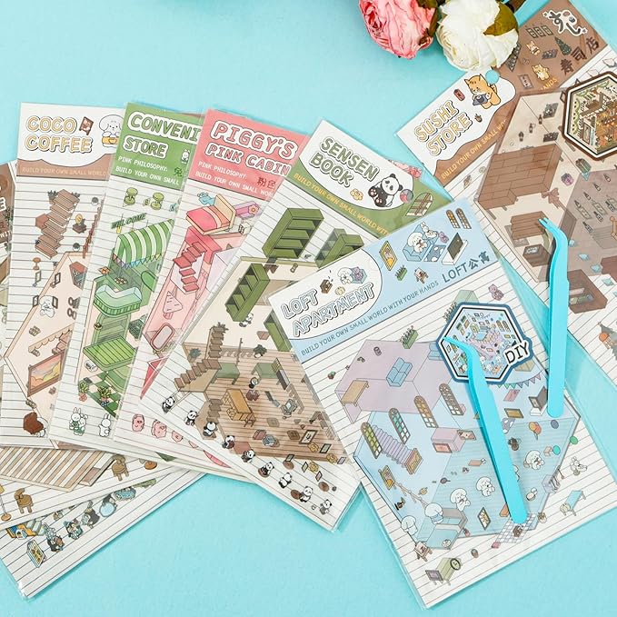 DIY 3D House Stickers, Cartoon 3D Miniature Scene Stickers for Adults Kids to Make Your Own Mini Room Scenes (Set 1)