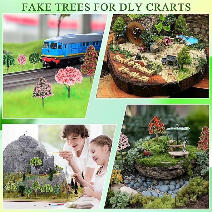 Canlierr 28 Pcs Miniature Model Trees for Diorama Mixed Mini Tiny Fake Plastic Fall Maple Trees with 40g Faux Moss for Villages, Craft, Model Train Autumn Scenery Accessories