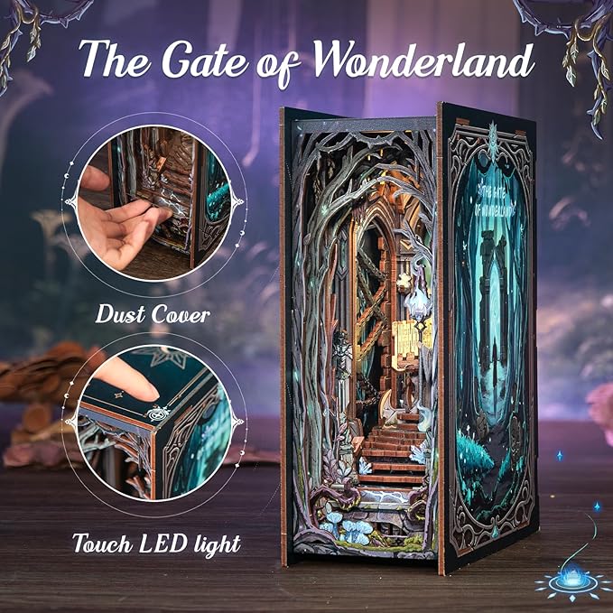 Cutefun Book Nook Kit, DIY Miniature House Booknook Kit for Adults and Teens, DIY Dollhouse Bookshelf Insert with LED Light, Gifts for Family and Friends (The Gate of Wonderland)